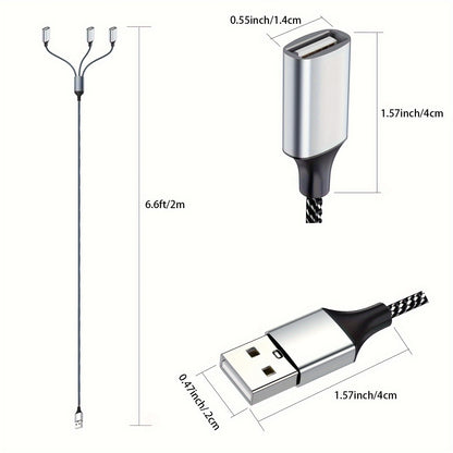 USB Extension Cable - Durable Aluminum & Nylon, 3-Port Splitter Adapter for Webcam, Camera, Phone, Mouse, Keyboard, Printer, Hard Drive, Headset, Xbox