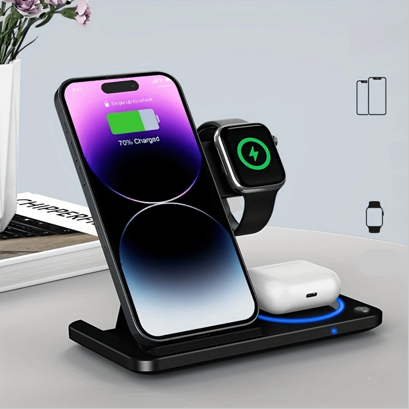 Foldable Wireless Charger Station, USB Magnetic Charging Stand Dock for iPhone 15/14/13/12/11 Series, iWatch Ultra2/Ultra/9/8/7/6 Series, and Earbuds 3/2/Pro Series - Fast Wireless Charging Hub