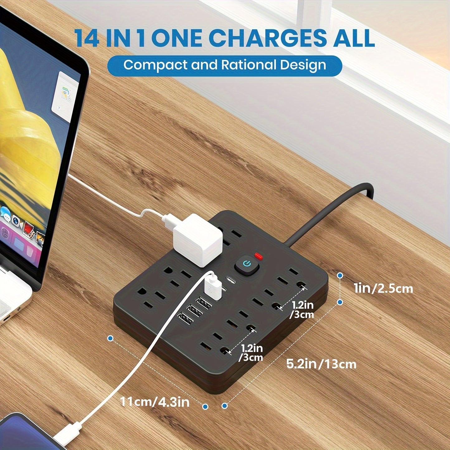 Strip Surge Protector with 8 Outlets, 4 USB and 2 USB C Ports, Flat Plug, Wall Mount, Overload Protection Desk USB Charging Station for Home, Office