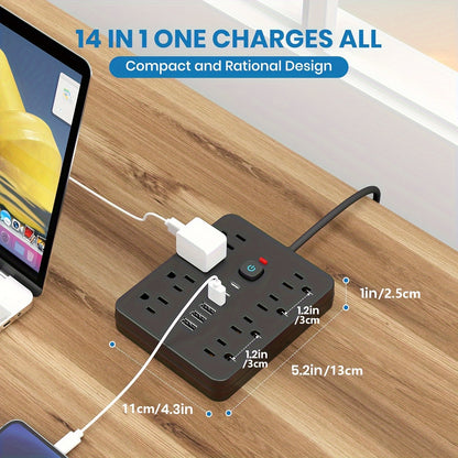 Strip Surge Protector with 8 Outlets, 4 USB and 2 USB C Ports, Flat Plug, Wall Mount, Overload Protection Desk USB Charging Station for Home, Office