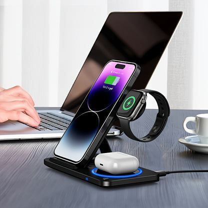 Foldable Wireless Charger Station, USB Magnetic Charging Stand Dock for iPhone 15/14/13/12/11 Series, iWatch Ultra2/Ultra/9/8/7/6 Series, and Earbuds 3/2/Pro Series - Fast Wireless Charging Hub