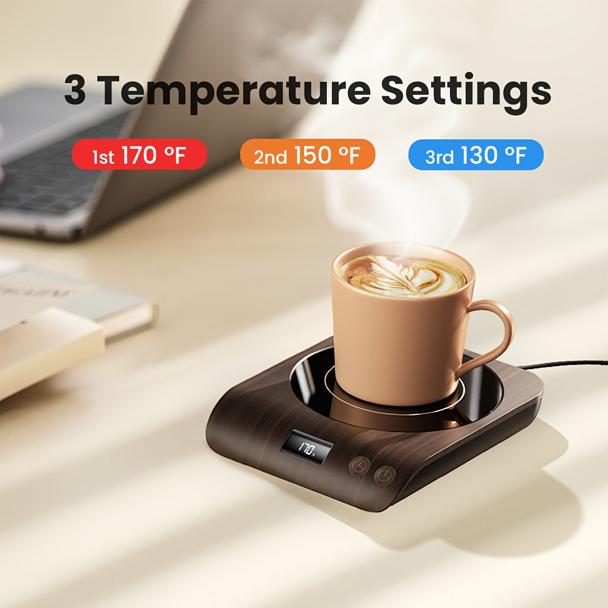 Mug Warmer, Coffee Mug Warmer with 3 Temp Settings, 2-10H Auto Shut Off, Coffee Warmer for Desk with Warmer Lights, Fast Heating Beverages Warmer Plate Cup Warmer for Coffee, Tea, Cocoa, Milk