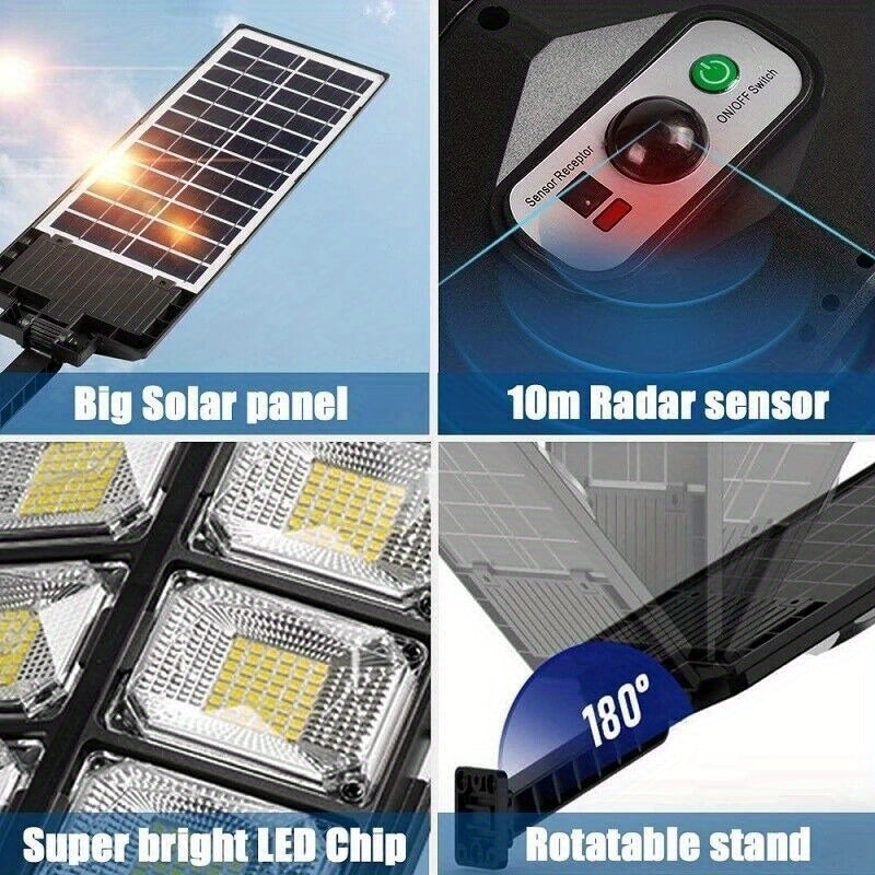 Solar Street Light IP65 Waterproof 6500K 100000LM 200LED/504 LED Solar Parking Street Light (Dusk To Dawn) With Foldable Bracket Solar Flood Light (Wide Angle Motion Sensor And Remote Control) For Commercial Area Lighting