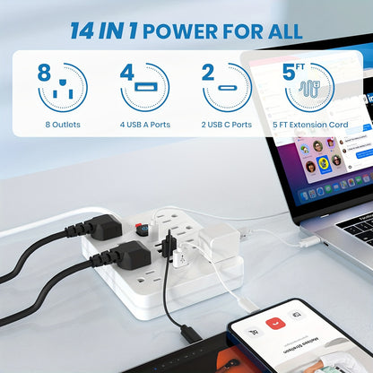 Strip Surge Protector with 8 Outlets, 4 USB and 2 USB C Ports, Flat Plug, Wall Mount, Overload Protection Desk USB Charging Station for Home, Office