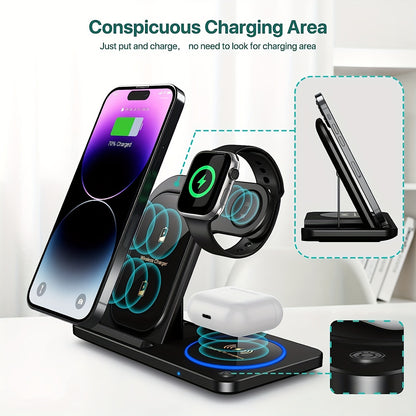 Foldable Wireless Charger Station, USB Magnetic Charging Stand Dock for iPhone 15/14/13/12/11 Series, iWatch Ultra2/Ultra/9/8/7/6 Series, and Earbuds 3/2/Pro Series - Fast Wireless Charging Hub