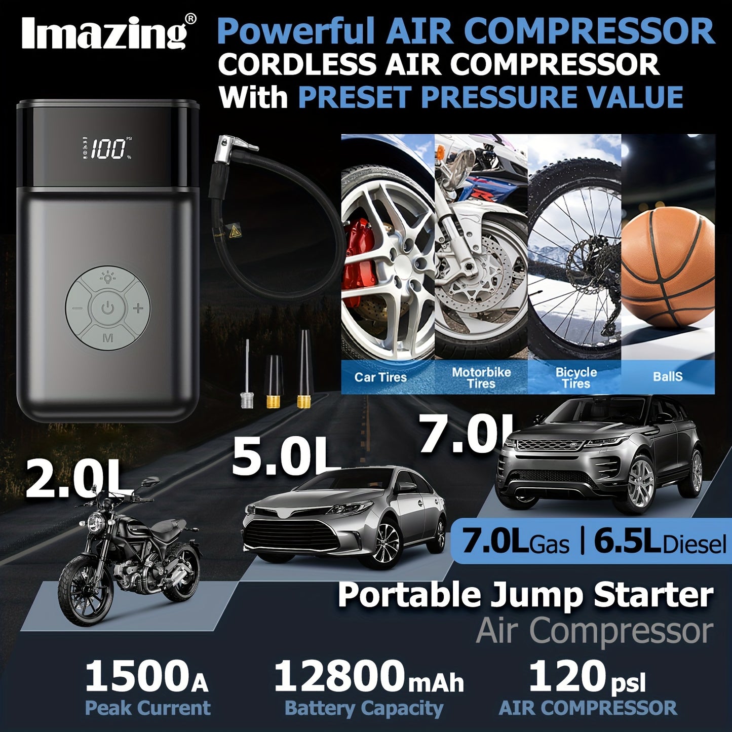 IM33 Jump Starter With Air Compressor Portable Car Booster (Up To 7.0 Gas Or 6.5L Diesel Engine) 12V Auto Battery Boost 1500A Peak With 120 PSI Tire Inflator, 12V Car Battery With LED Light