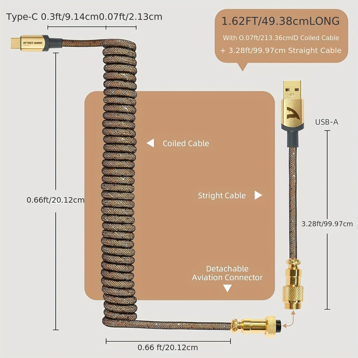 Coiled USB C to A Cable for Gaming Keyboard, Double-Sleeved Starlight Braided Cable with Detachable Metal Aviator 24k Gold Plated Connector 1.7M-2.2M for Phone/PS4/Android/Xbox-Gold