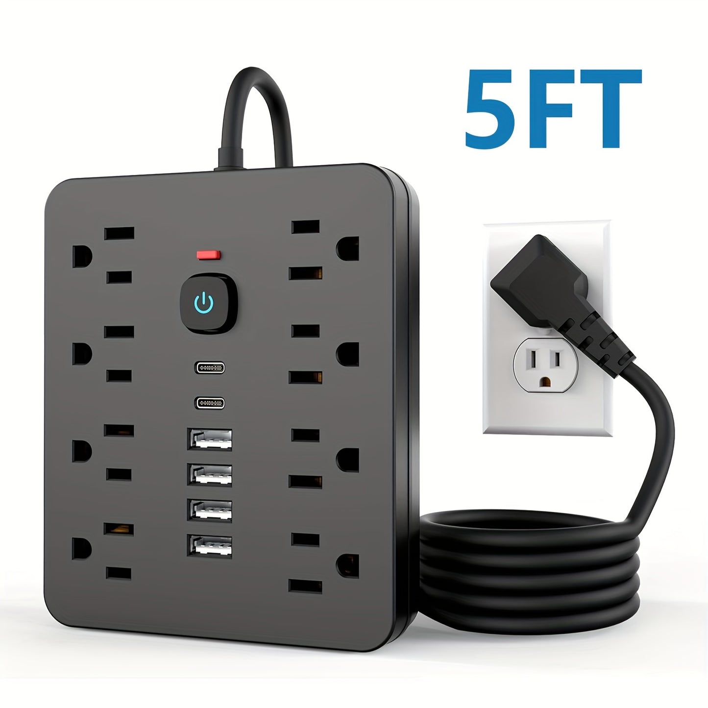 Strip Surge Protector with 8 Outlets, 4 USB and 2 USB C Ports, Flat Plug, Wall Mount, Overload Protection Desk USB Charging Station for Home, Office