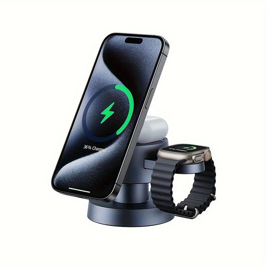 TIMESS 4-in-1 Wireless Charging Station with Magnetic Connector - USB Type-C, for iPhone 15/14/13/12/11/X Pro Max, Watch & for Airpods 3/2/1/Pro - Multi-Color LED Lights, USB Powered, Charger Station, No Battery Required