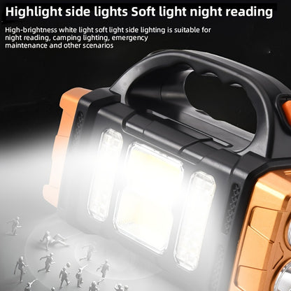 Solar & USB Rechargeable LED Flashlight, Tactical Polished Finish, 4-Level Brightness, COB Work Light, 1500mAh Nickel-Metal Hydride Battery, Portable Camping Lamp with USB Cable