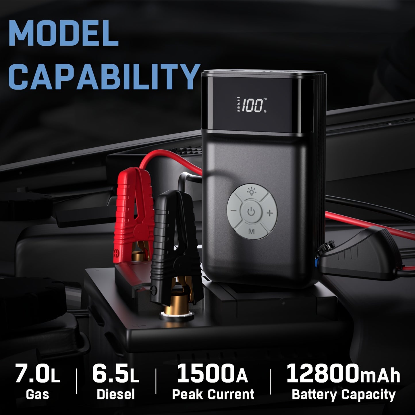 IM33 Jump Starter With Air Compressor Portable Car Booster (Up To 7.0 Gas Or 6.5L Diesel Engine) 12V Auto Battery Boost 1500A Peak With 120 PSI Tire Inflator, 12V Car Battery With LED Light