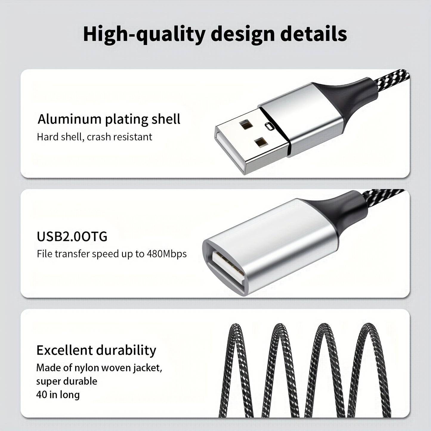 USB Extension Cable - Durable Aluminum & Nylon, 3-Port Splitter Adapter for Webcam, Camera, Phone, Mouse, Keyboard, Printer, Hard Drive, Headset, Xbox