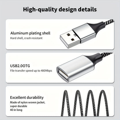 USB Extension Cable - Durable Aluminum & Nylon, 3-Port Splitter Adapter for Webcam, Camera, Phone, Mouse, Keyboard, Printer, Hard Drive, Headset, Xbox