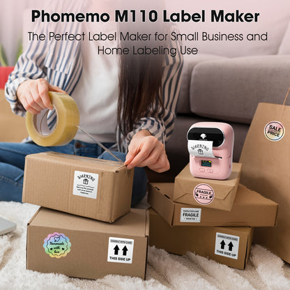 Phomemo M110 Pink Portable Thermal Label Printer - Wireless & Compact Barcode Maker for Small Business, Office, Home | USB Rechargeable, Wireless-Compatible with Android & iOS, 20-50mm Labels, Includes "Thank You" & "Baked wi