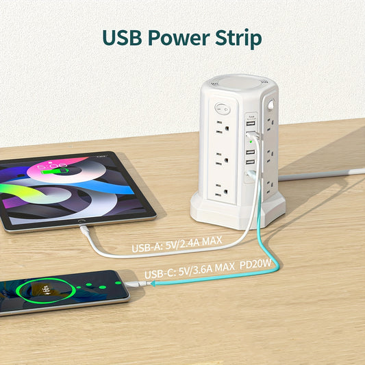 PASSUS Tower Surge Protector Power Cord PD-18W/20W, 10.2ft Extension Cord with 12 AC Sockets and 5 USB Charging Ports for Home, Office, Dormitory Surge Protection