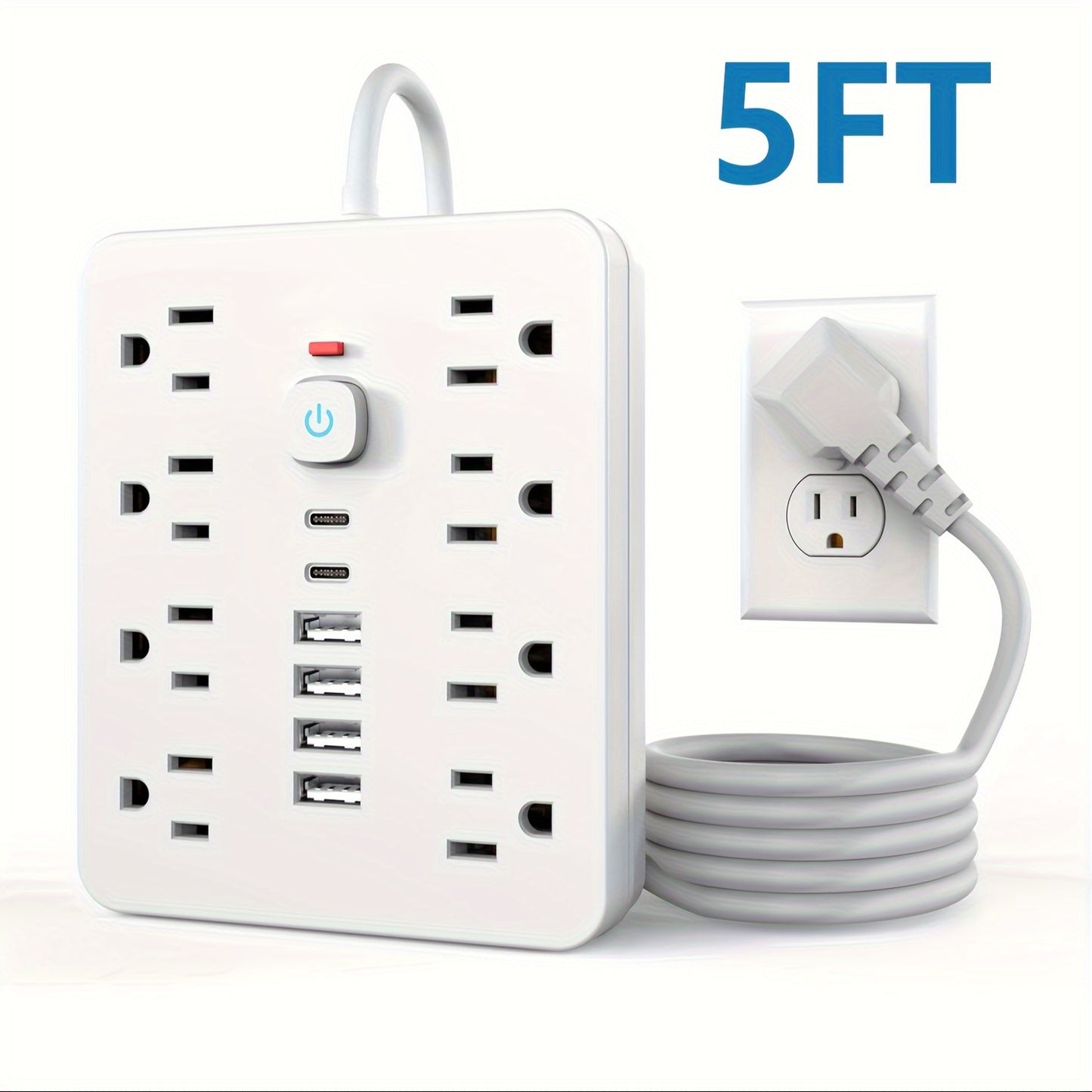 Strip Surge Protector with 8 Outlets, 4 USB and 2 USB C Ports, Flat Plug, Wall Mount, Overload Protection Desk USB Charging Station for Home, Office