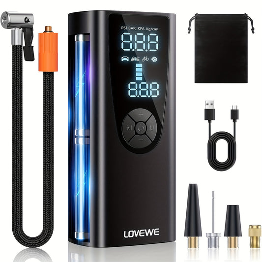 LOVEWE Portable Tire Inflator - 150PSI High-Pressure Air Compressor with Digital Display, Auto Shut-Off, Emergency Light, and Accessories for Cars, Motorcycles, Balls - Ideal Holiday Gift, Portable Pump|Digital Displa