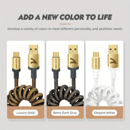 Coiled USB C to A Cable for Gaming Keyboard, Double-Sleeved Starlight Braided Cable with Detachable Metal Aviator 24k Gold Plated Connector 1.7M-2.2M for Phone/PS4/Android/Xbox-Gold