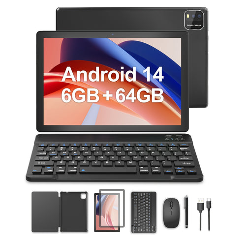 Tablet, 2024 Android 14 Tablet With Protective Case, Mouse, Pen And Keyboard. 5G Dual Wifi6 Tablet, Quad-Core CPU, 2MP+8MP Camera, (3+3Expansion)GB RAM+64GB ROM, 1TB Expansion, 6000mAH Battery, 1280x800 IPS Sc