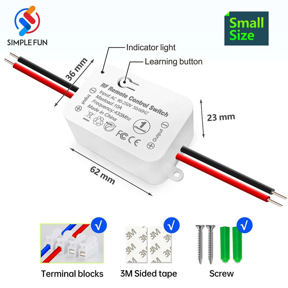 Universal Wireless Remote Control Switch 110V 220V 10A 433Mhz Mini Relay Receiver Remote ON OFF for Led Light Bulb Gate Lamp