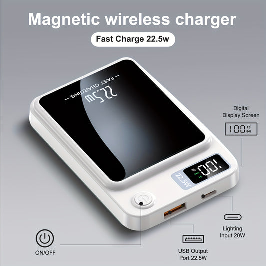 Makit Home Wireless Power Bank, Magnetic Portable Charger, Mini Battery Pack, 22.5W/PD20W Fast Charging, LED Power Display, And USB/Type-C Ports, for iPhone 16/15 Pro/14 Max/13/12, for Android Phones