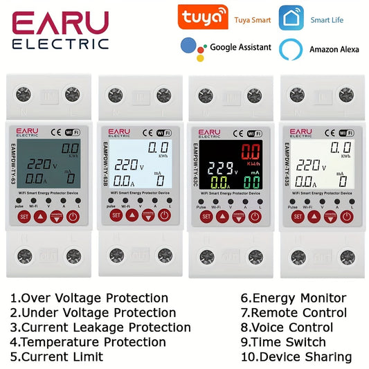 Intelligent Energy Saver Breaker - Advanced Earth Leakage Protection, Over/Under Voltage Guardian, Relay Switch with Accurate KWh Meter, Remote Control ON/OFF, Seamless Integration with Amazon Alexa & Google Home Assistan