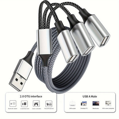 USB Extension Cable - Durable Aluminum & Nylon, 3-Port Splitter Adapter for Webcam, Camera, Phone, Mouse, Keyboard, Printer, Hard Drive, Headset, Xbox