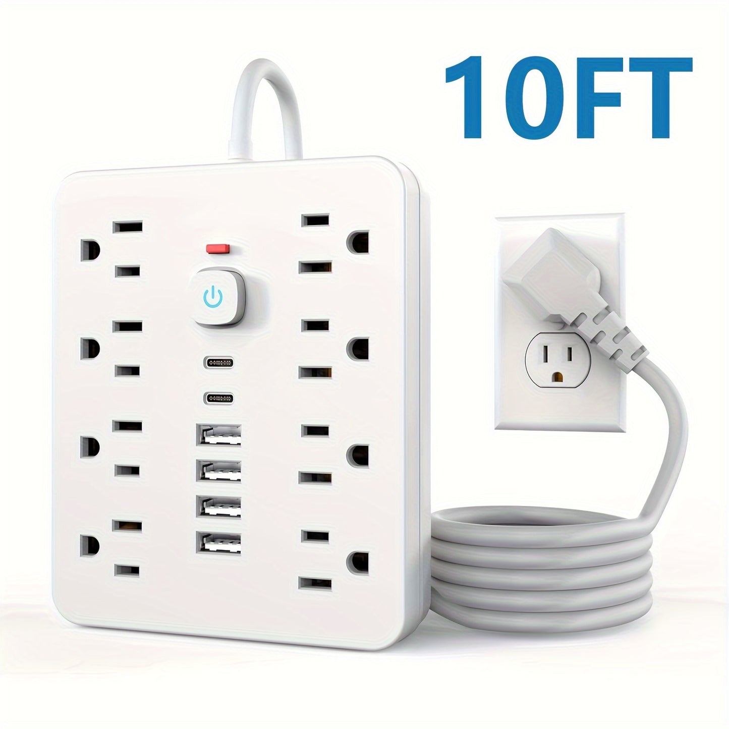 Strip Surge Protector with 8 Outlets, 4 USB and 2 USB C Ports, Flat Plug, Wall Mount, Overload Protection Desk USB Charging Station for Home, Office