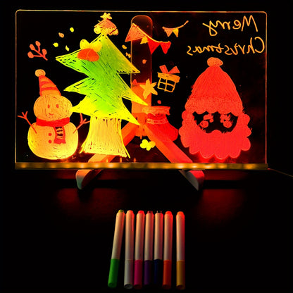 LED Message Board with 7 Color Pens, Acrylic Glow-In-The-Dark Drawing Board, LED Illuminated Drawing Tablet with Stand for Office, Home Christmas Day Gift New Year'S Gift