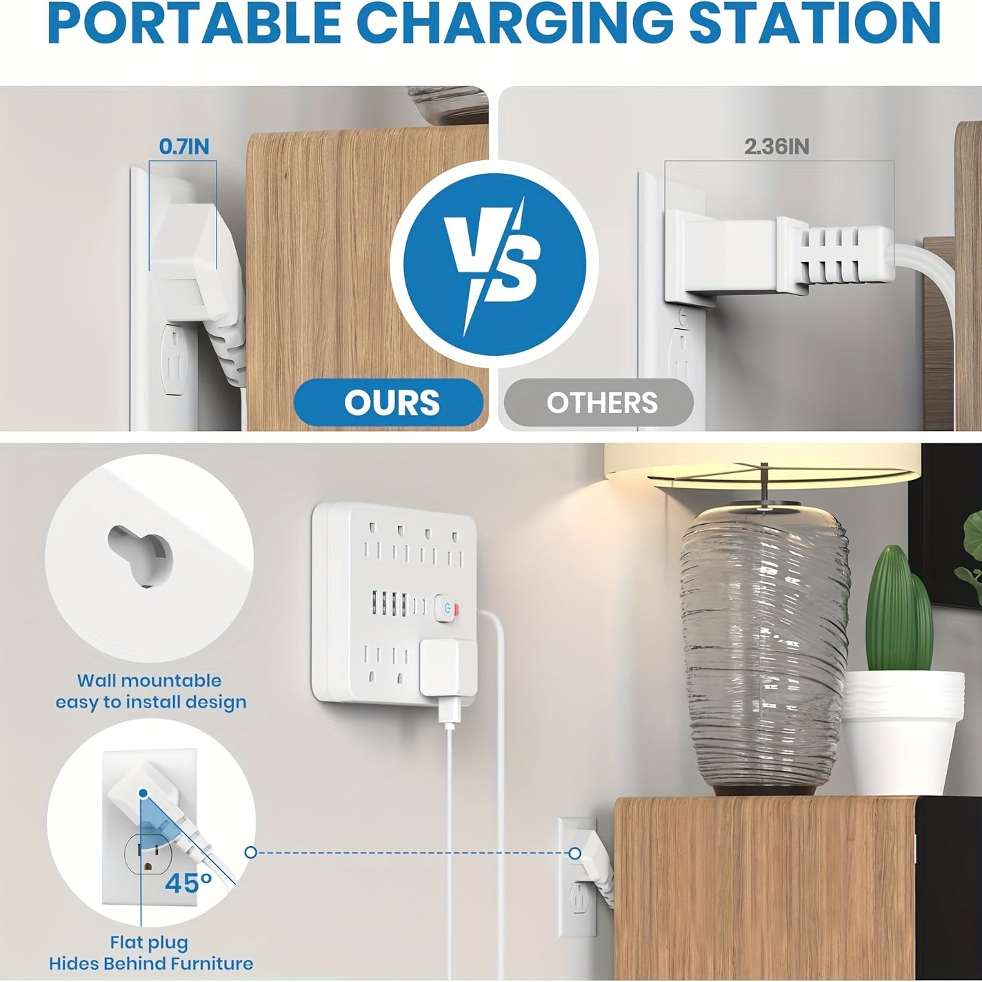 Strip Surge Protector with 8 Outlets, 4 USB and 2 USB C Ports, Flat Plug, Wall Mount, Overload Protection Desk USB Charging Station for Home, Office