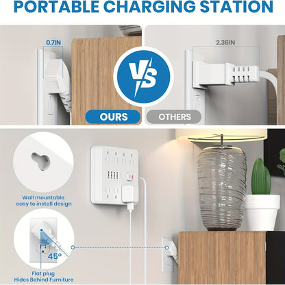 Strip Surge Protector with 8 Outlets, 4 USB and 2 USB C Ports, Flat Plug, Wall Mount, Overload Protection Desk USB Charging Station for Home, Office