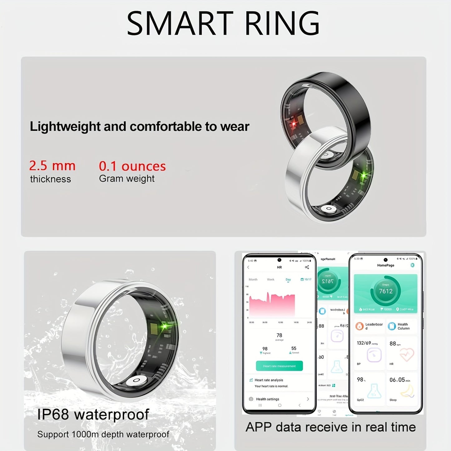 Smart Ring for Women Men, Activity and Fitness Tracker with Steps, Distance, Calories, Sleep Tracking, Exercise Monitoring, for iPhone for Android, IP68 Waterproof, Christmas Stocking Stuffers and Christmas Filler