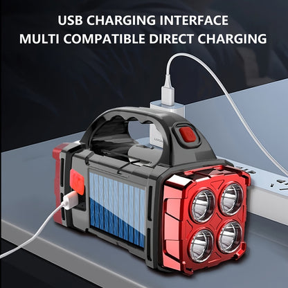 Solar & USB Rechargeable LED Flashlight, Tactical Polished Finish, 4-Level Brightness, COB Work Light, 1500mAh Nickel-Metal Hydride Battery, Portable Camping Lamp with USB Cable
