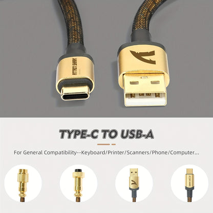 Coiled USB C to A Cable for Gaming Keyboard, Double-Sleeved Starlight Braided Cable with Detachable Metal Aviator 24k Gold Plated Connector 1.7M-2.2M for Phone/PS4/Android/Xbox-Gold