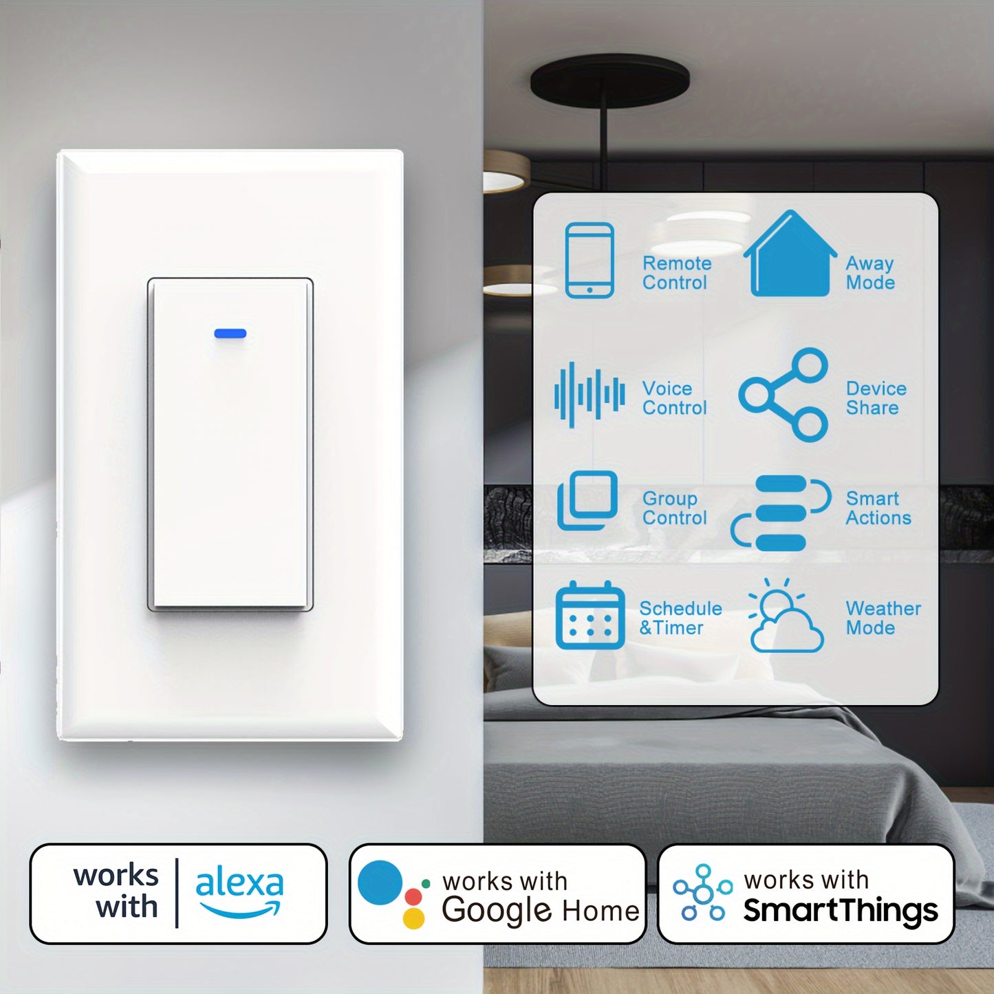 Smart Switch - Compatible with Alexa, Google Home & SmartThings, Easy Install WiFi Timer, No Hub Needed, Neutral Wire Included