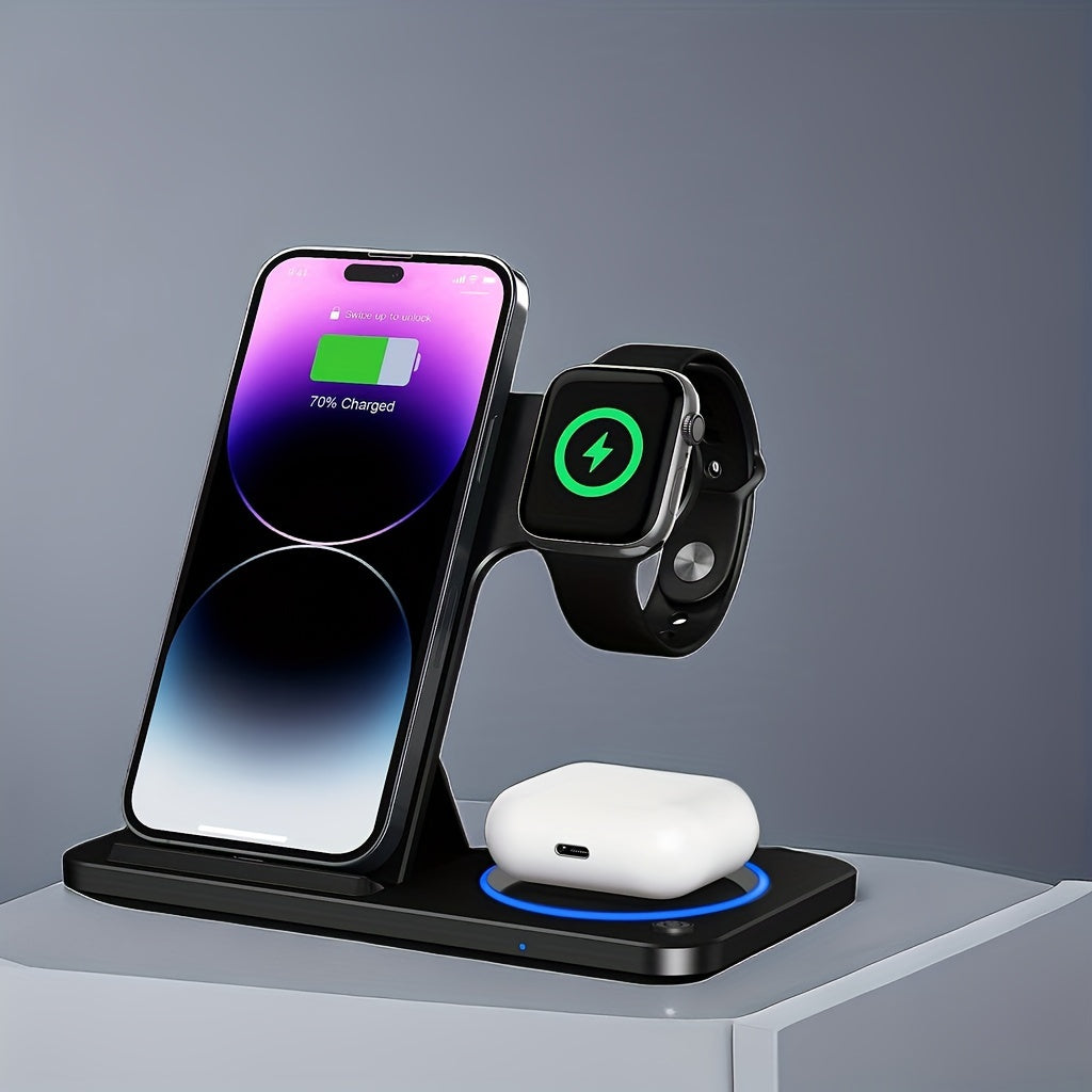 Foldable Wireless Charger Station, USB Magnetic Charging Stand Dock for iPhone 15/14/13/12/11 Series, iWatch Ultra2/Ultra/9/8/7/6 Series, and Earbuds 3/2/Pro Series - Fast Wireless Charging Hub