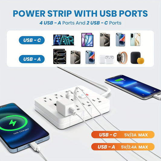 Strip Surge Protector with 8 Outlets, 4 USB and 2 USB C Ports, Flat Plug, Wall Mount, Overload Protection Desk USB Charging Station for Home, Office