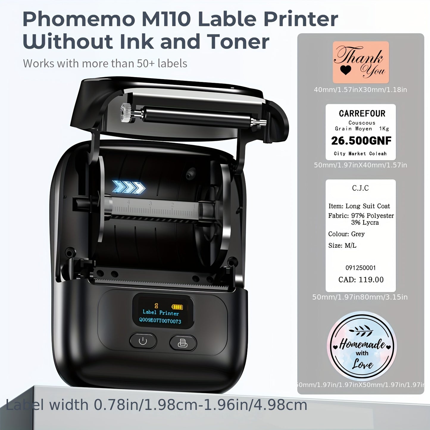 Phomemo M110 Pink Portable Thermal Label Printer - Wireless & Compact Barcode Maker for Small Business, Office, Home | USB Rechargeable, Wireless-Compatible with Android & iOS, 20-50mm Labels, Includes "Thank You" & "Baked wi