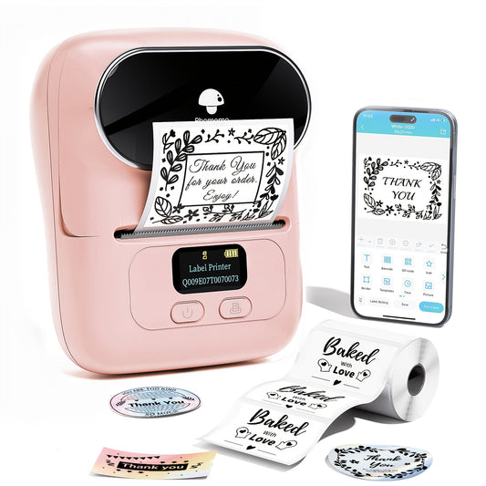 Phomemo M110 Pink Portable Thermal Label Printer - Wireless & Compact Barcode Maker for Small Business, Office, Home | USB Rechargeable, Wireless-Compatible with Android & iOS, 20-50mm Labels, Includes "Thank You" & "Baked wi