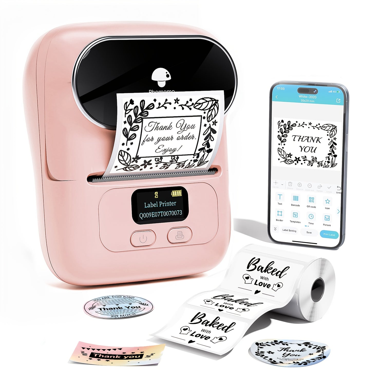 Phomemo M110 Pink Portable Thermal Label Printer - Wireless & Compact Barcode Maker for Small Business, Office, Home | USB Rechargeable, Wireless-Compatible with Android & iOS, 20-50mm Labels, Includes "Thank You" & "Baked wi