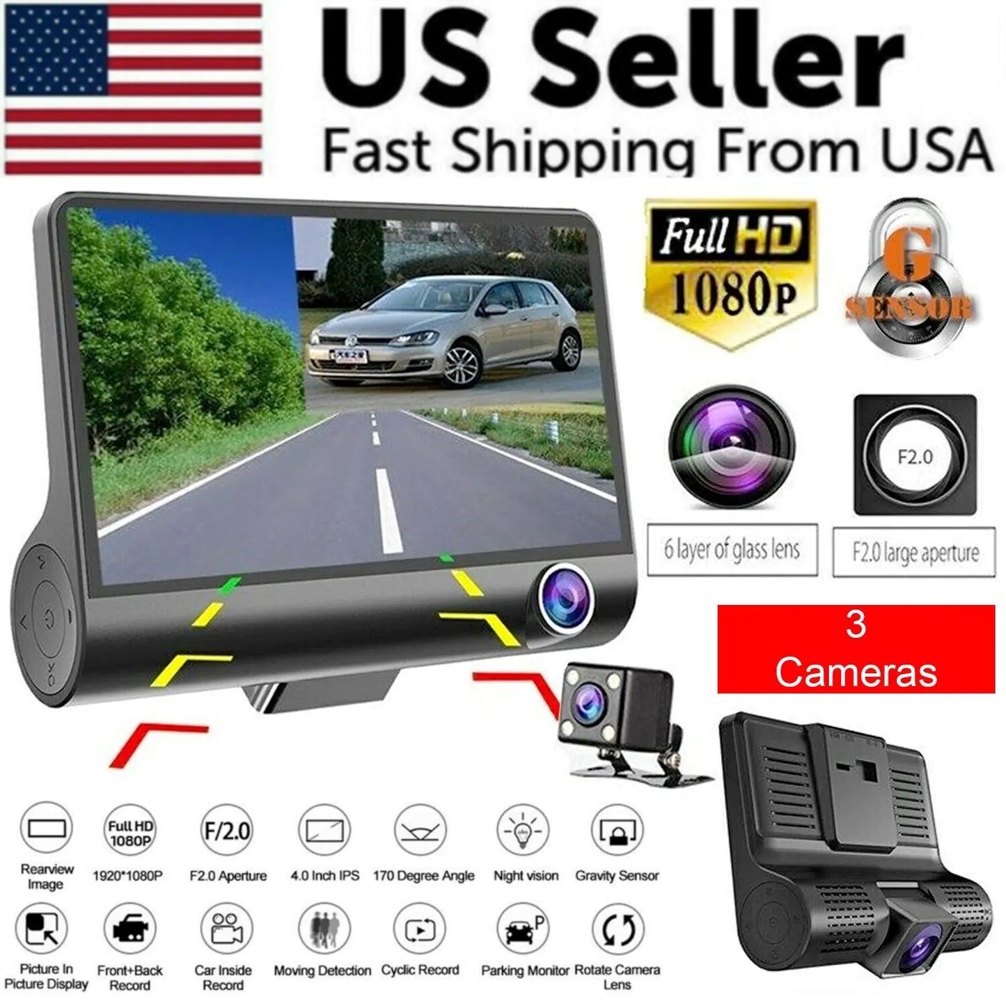 Car DVR Rearview Video Dash Cam Recorder Camera G-Sensor