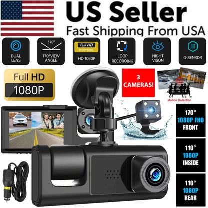 Car Dual Lens Dash Cam HD 1080P Front/Rear/Inside Video Recorder Camera G-Sensor