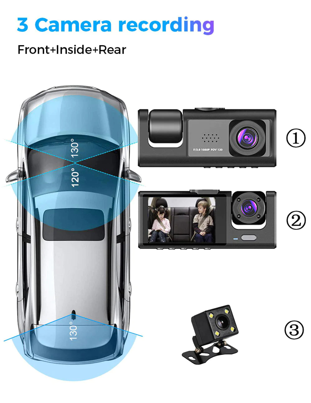 Car Dual Lens Dash Cam HD 1080P Front/Rear/Inside Video Recorder Camera G-Sensor